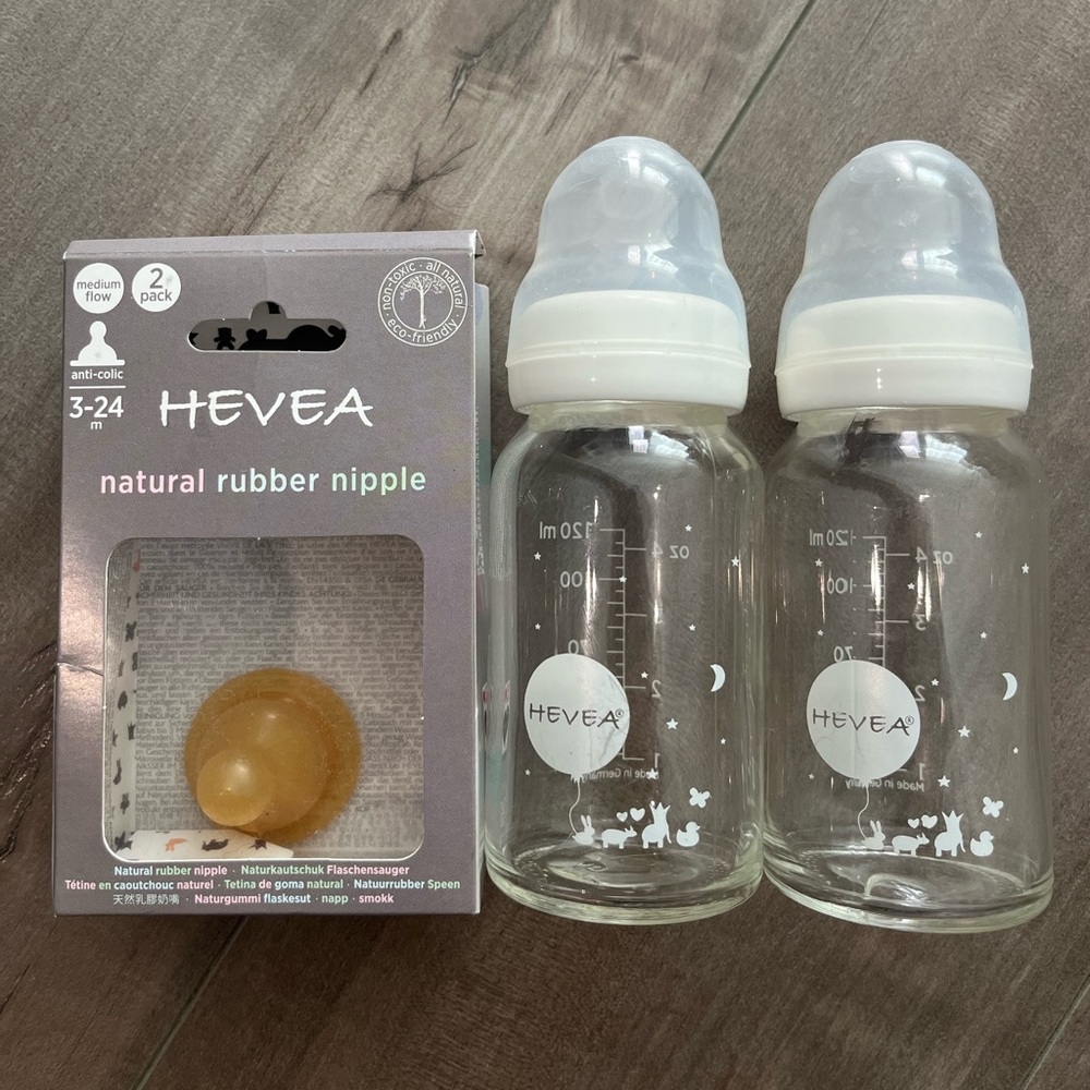 Two Hevea Glass 4 oz. bottles & one unused nipple